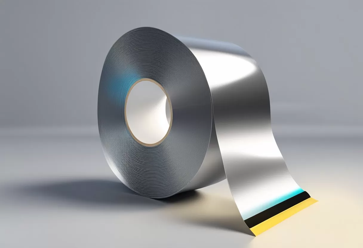 A roll of aluminum tape sits on a workbench, its silver surface glinting in the light, with no release liner attached A roll of aluminum tape sits on a workbench, its silver surface glinting in the light, with no release liner attached