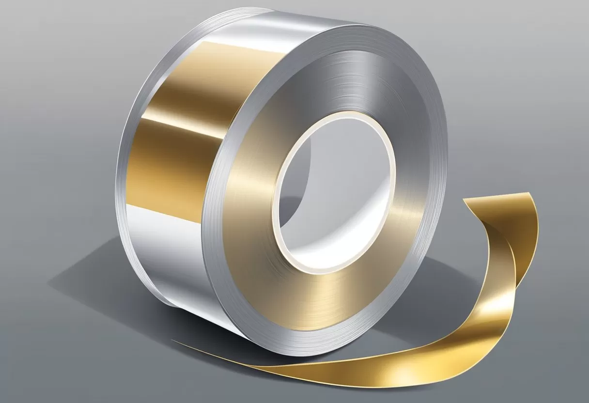 A roll of shiny aluminum tape unfurls, revealing its adhesive side and lack of backing paper A roll of shiny aluminum tape unfurls, revealing its adhesive side and lack of backing paper