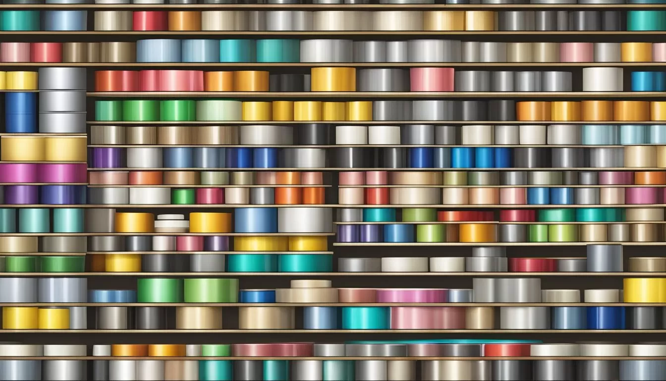 A stack of cloth tape jumbo rolls arranged neatly on a shelf A stack of cloth tape jumbo rolls arranged neatly on a shelf
