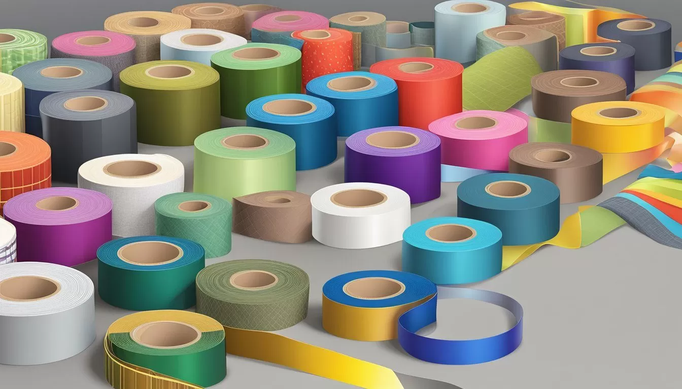 A table with rolls of colorful cloth tape, showing a timeline of different tape colors and patterns A table with rolls of colorful cloth tape, showing a timeline of different tape colors and patterns