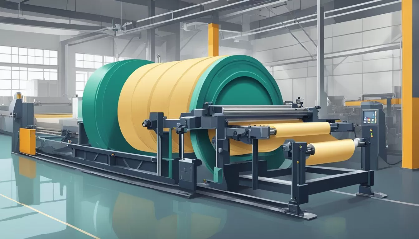 A large machine unwinds and cuts a crepe paper tape master roll in a manufacturing facility