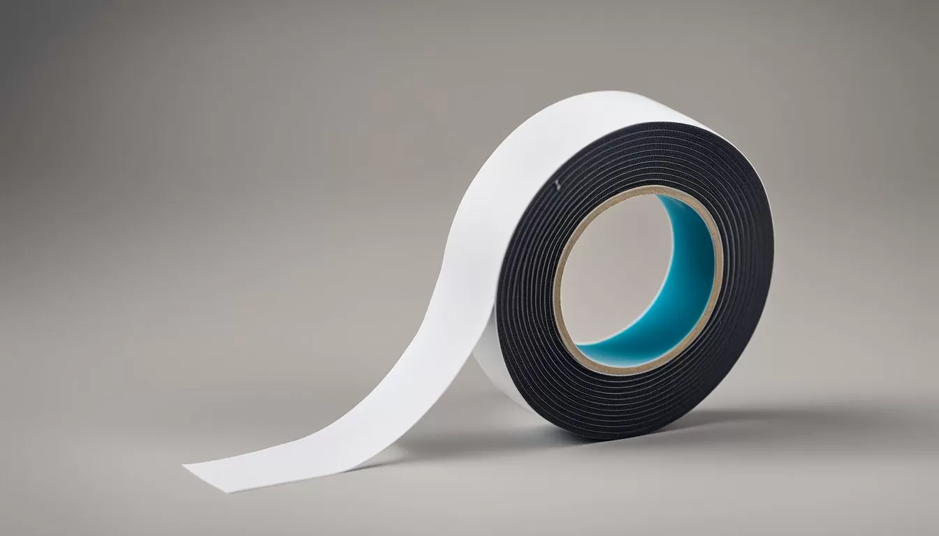 A roll of double-sided EVA foam tape lies on a clean, white surface, with the adhesive side facing up and the foam side visible A roll of double-sided EVA foam tape lies on a clean, white surface, with the adhesive side facing up and the foam side visible