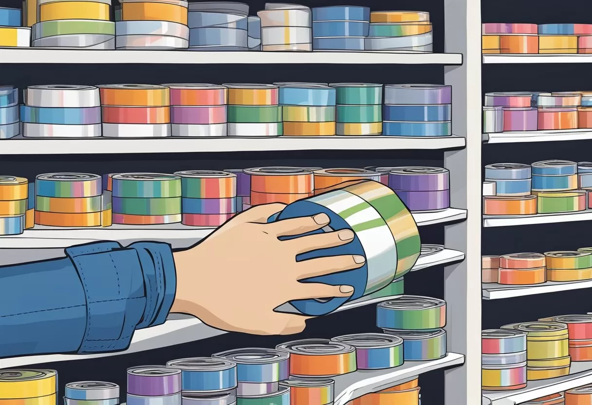 A hand reaches for a large roll of double-sided tape on a store shelf. The packaging features bold lettering and a clear image of the product
