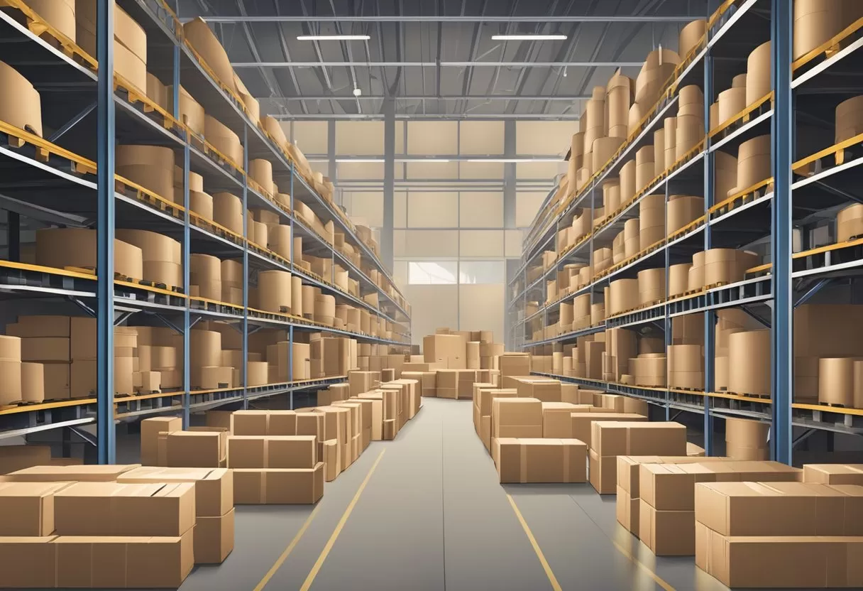 A large industrial warehouse with stacks of kraft tape jumbo rolls, machinery, and workers packing and labeling the rolls for shipping