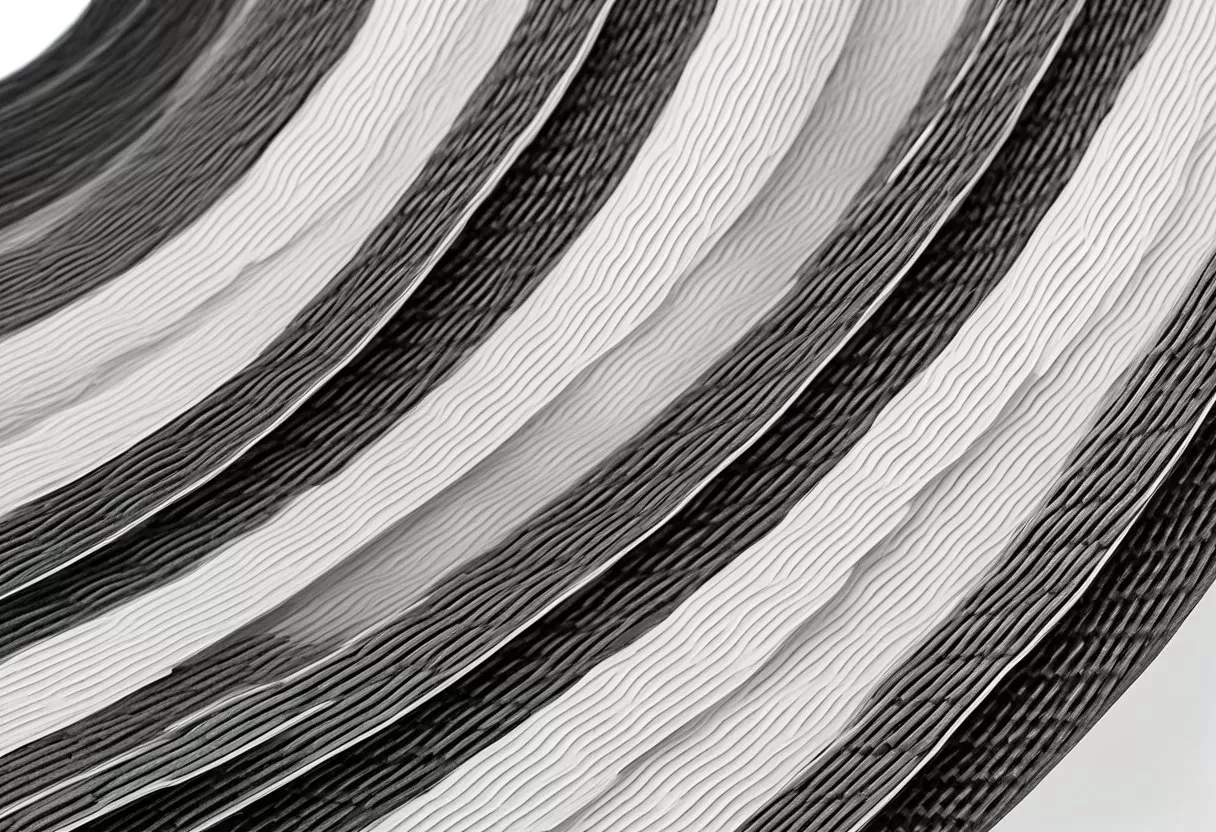 A roll of mono weave fiberglass tape unravels against a white background, showcasing its texture and pattern