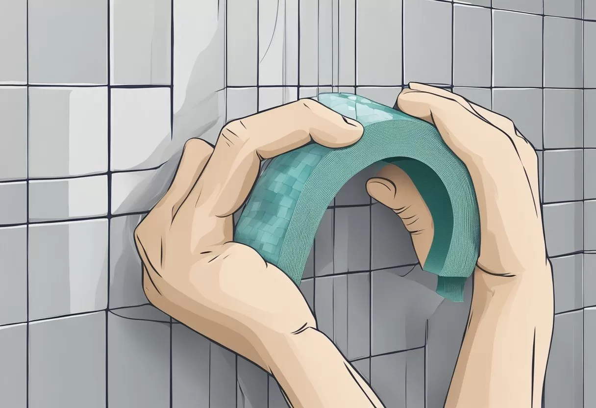 A hand holds a roll of fiberglass mesh tape, patching a hole in the wall