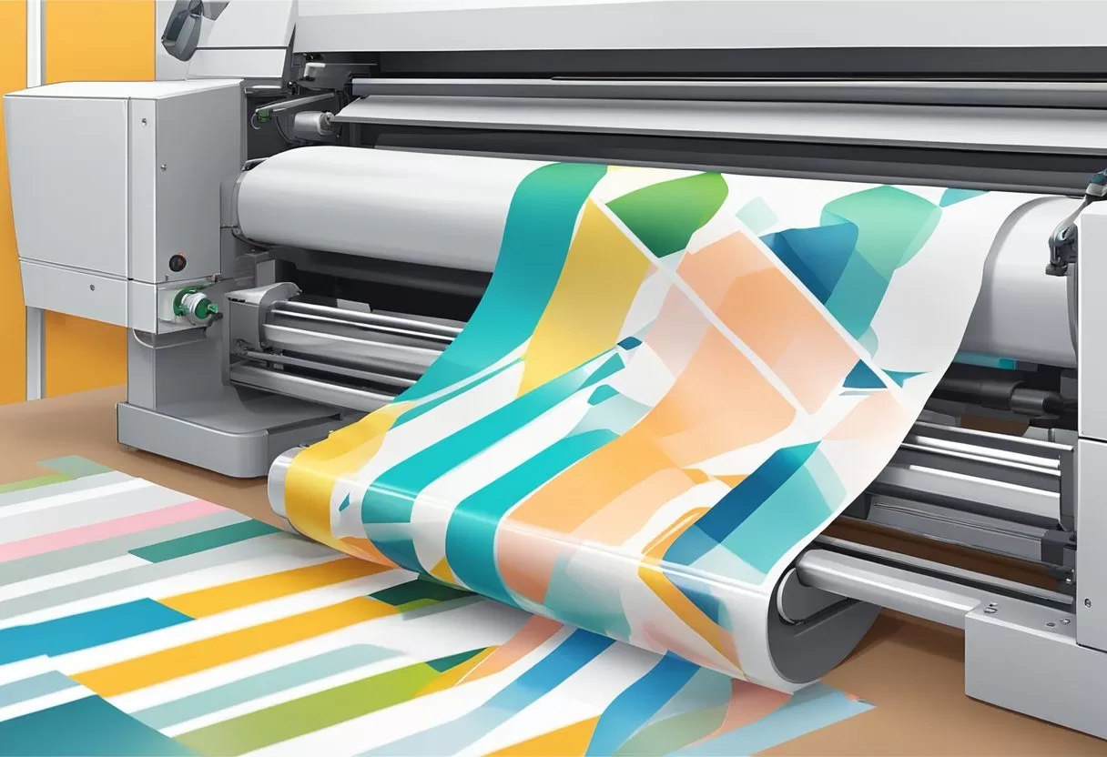 A roll of washi tape being printed with various designs using a printing machine. Ink is being applied to the tape as it moves through the process A roll of washi tape being printed with various designs using a printing machine. Ink is being applied to the tape as it moves through the process