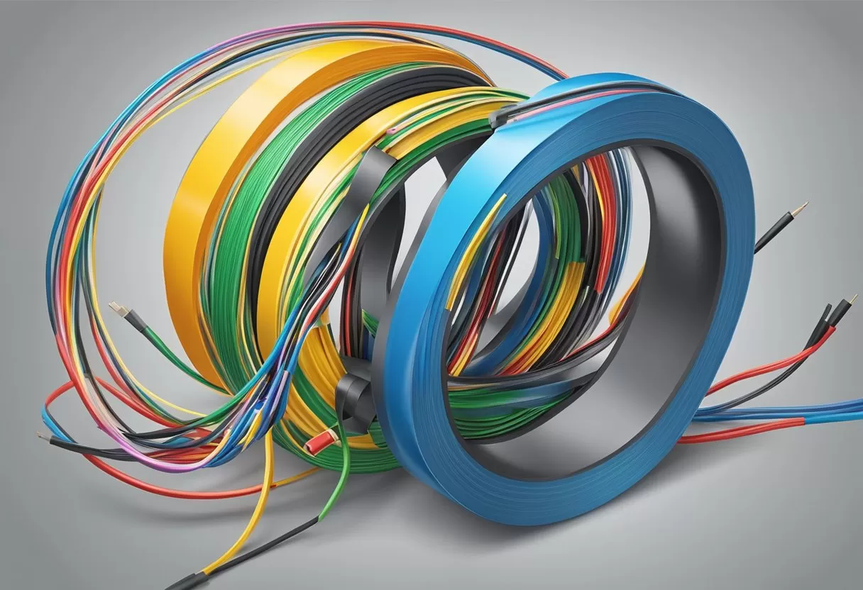 A roll of PVC electrical tape unravels, wrapping around a bundle of wires with precision A roll of PVC electrical tape unravels, wrapping around a bundle of wires with precision