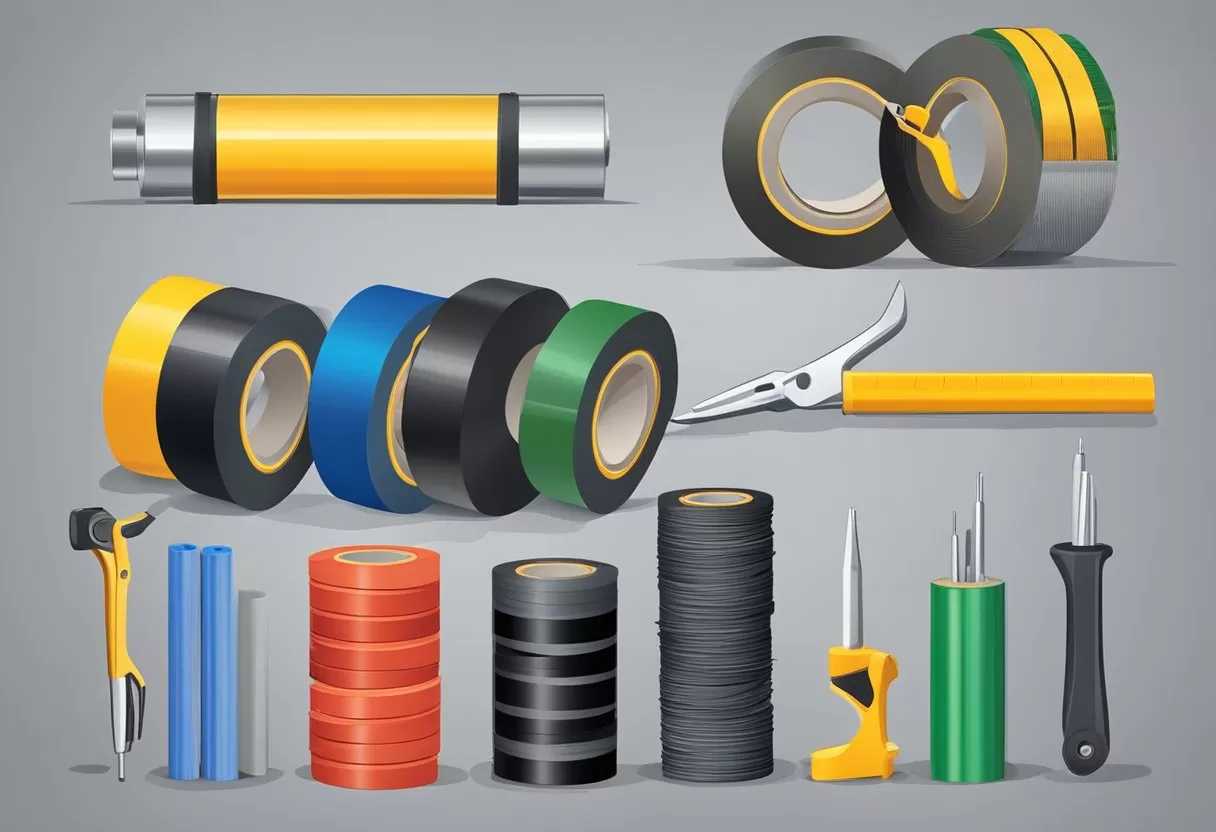 A roll of PVC electrical tape stands on a workbench, surrounded by tools and spools of wire. The tape is unrolled and wrapped around a wire, showing its use in electrical work A roll of PVC electrical tape stands on a workbench, surrounded by tools and spools of wire. The tape is unrolled and wrapped around a wire, showing its use in electrical work