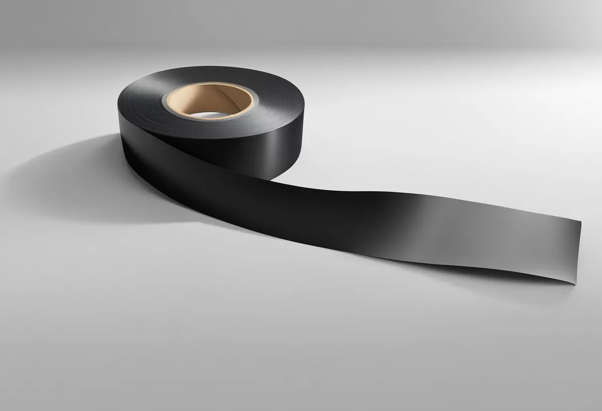 A roll of black PVC electrical tape sits on a clean, white surface, its shiny surface catching the light. The tape is smooth and flexible, with a slight stretch when pulled A roll of black PVC electrical tape sits on a clean, white surface, its shiny surface catching the light. The tape is smooth and flexible, with a slight stretch when pulled