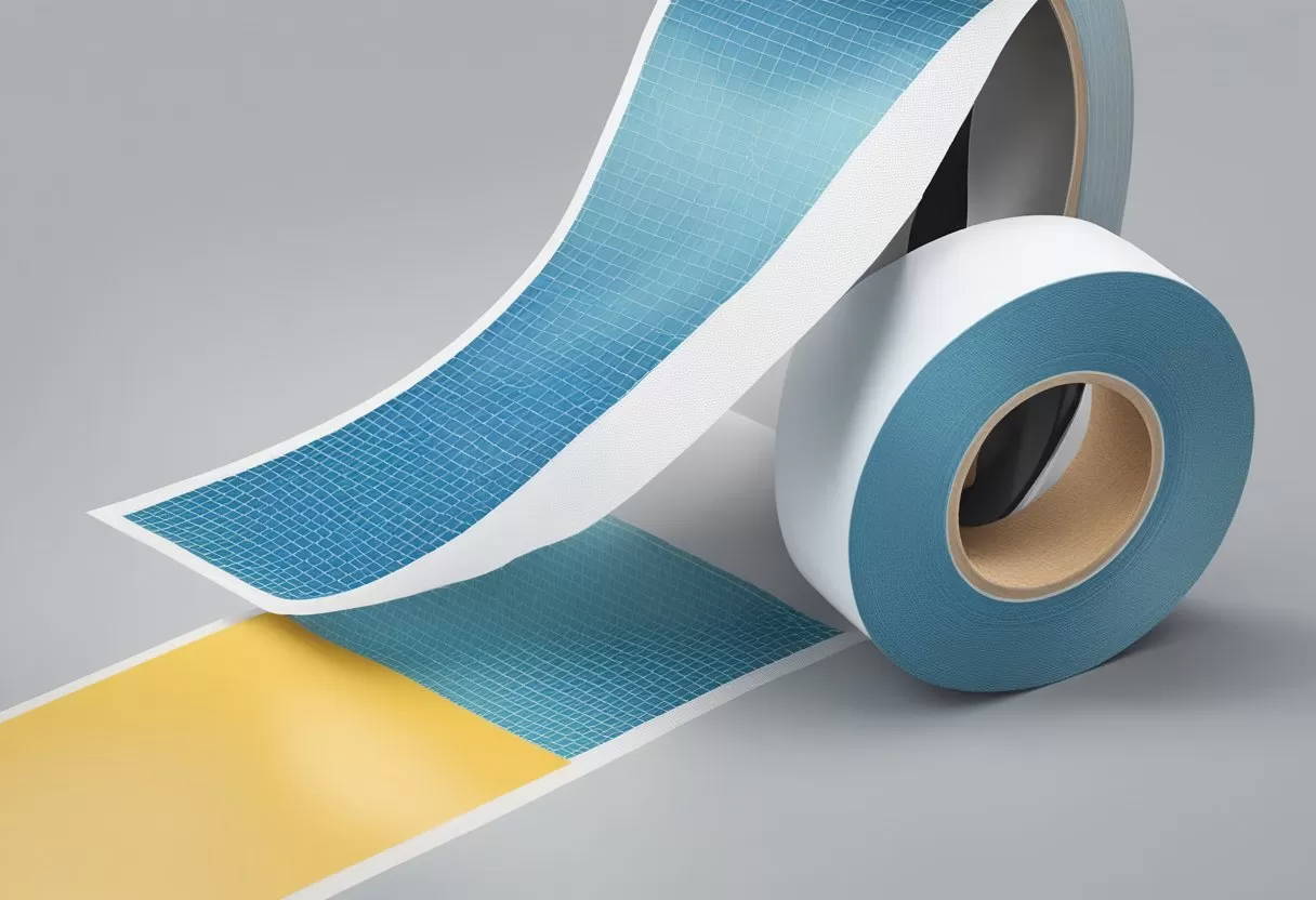 A roll of fiberglass mesh tape is being applied to a damaged surface, smoothing out any wrinkles and ensuring it adheres securely