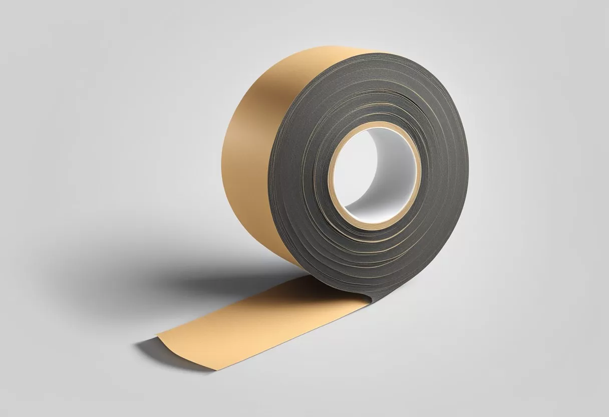A roll of rubber kraft tape unravels, its adhesive side exposed against a stark white background A roll of rubber kraft tape unravels, its adhesive side exposed against a stark white background