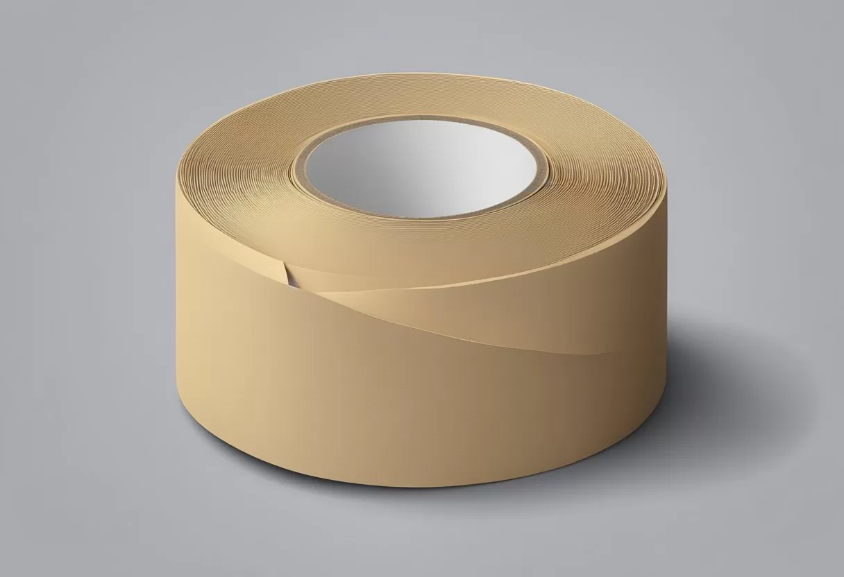 A roll of rubber kraft tape unravels, revealing its strong, flexible properties. The tape is thick and durable, with a matte finish and a slight stretch when pulled A roll of rubber kraft tape unravels, revealing its strong, flexible properties. The tape is thick and durable, with a matte finish and a slight stretch when pulled