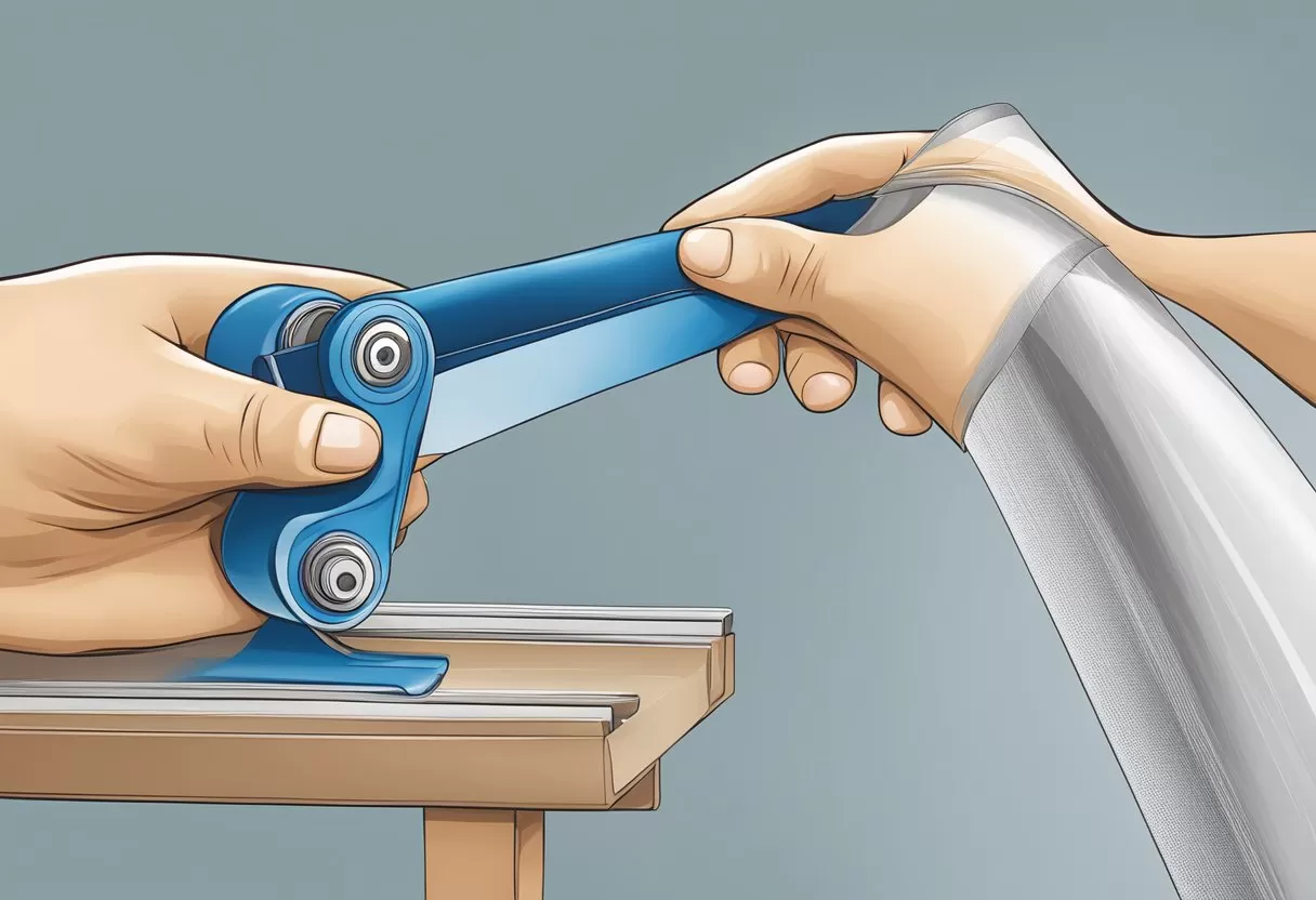 A hand presses butyl tape onto a seam, then seals it with a roller