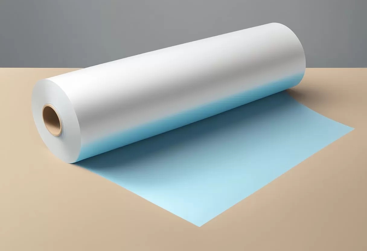 A roll of spray pretaped covering masking film unrolled over a surface, with the adhesive side facing down and the film ready for use A roll of spray pretaped covering masking film unrolled over a surface, with the adhesive side facing down and the film ready for use
