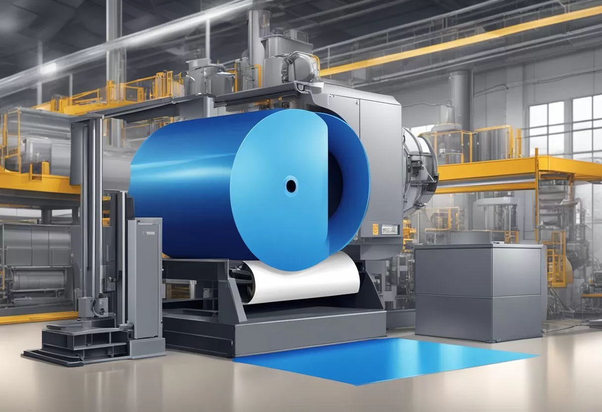A large jumbo roll of stretch film unravels from a dispenser, creating a taut, glossy surface. The roll is surrounded by industrial machinery and packaging materials A large jumbo roll of stretch film unravels from a dispenser, creating a taut, glossy surface. The roll is surrounded by industrial machinery and packaging materials