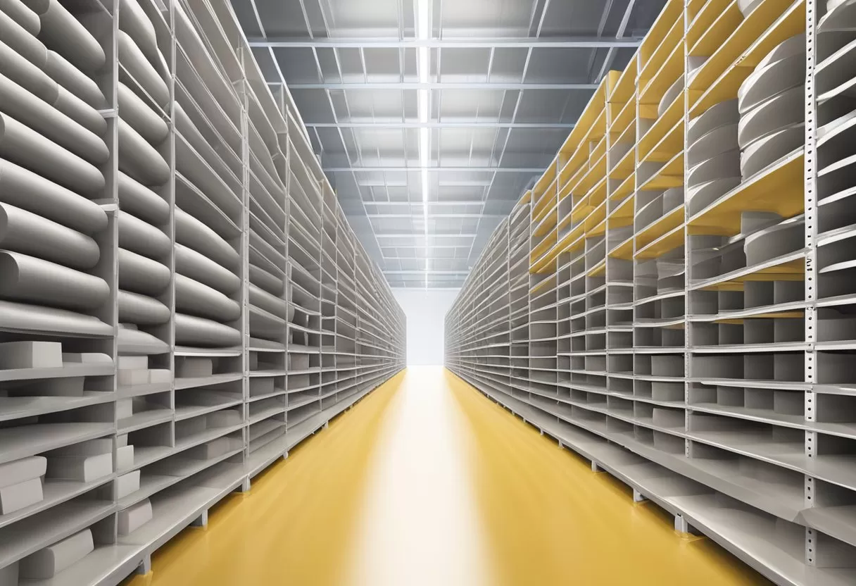 A warehouse shelf filled with large stretch film jumbo rolls stacked neatly in rows A warehouse shelf filled with large stretch film jumbo rolls stacked neatly in rows