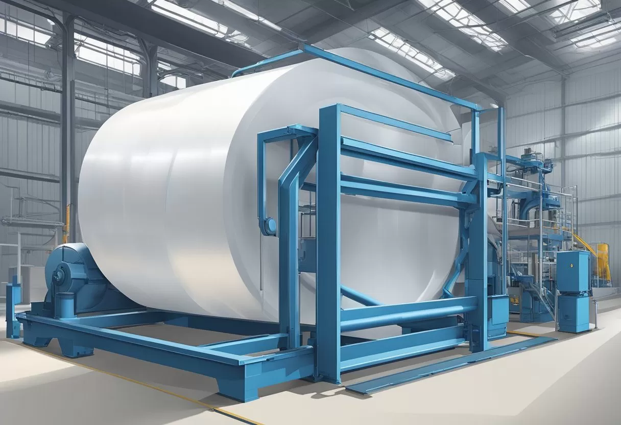Machines extrude and wind transparent plastic into large rolls in a factory setting Machines extrude and wind transparent plastic into large rolls in a factory setting