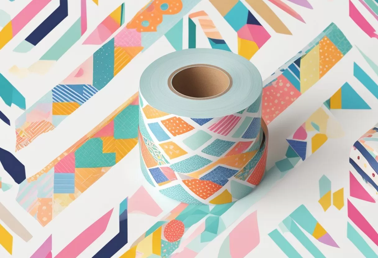 A jumbo roll of washi tape sits on a clean, white surface, surrounded by colorful, patterned designs. The tape is neatly wound and ready for use A jumbo roll of washi tape sits on a clean, white surface, surrounded by colorful, patterned designs. The tape is neatly wound and ready for use