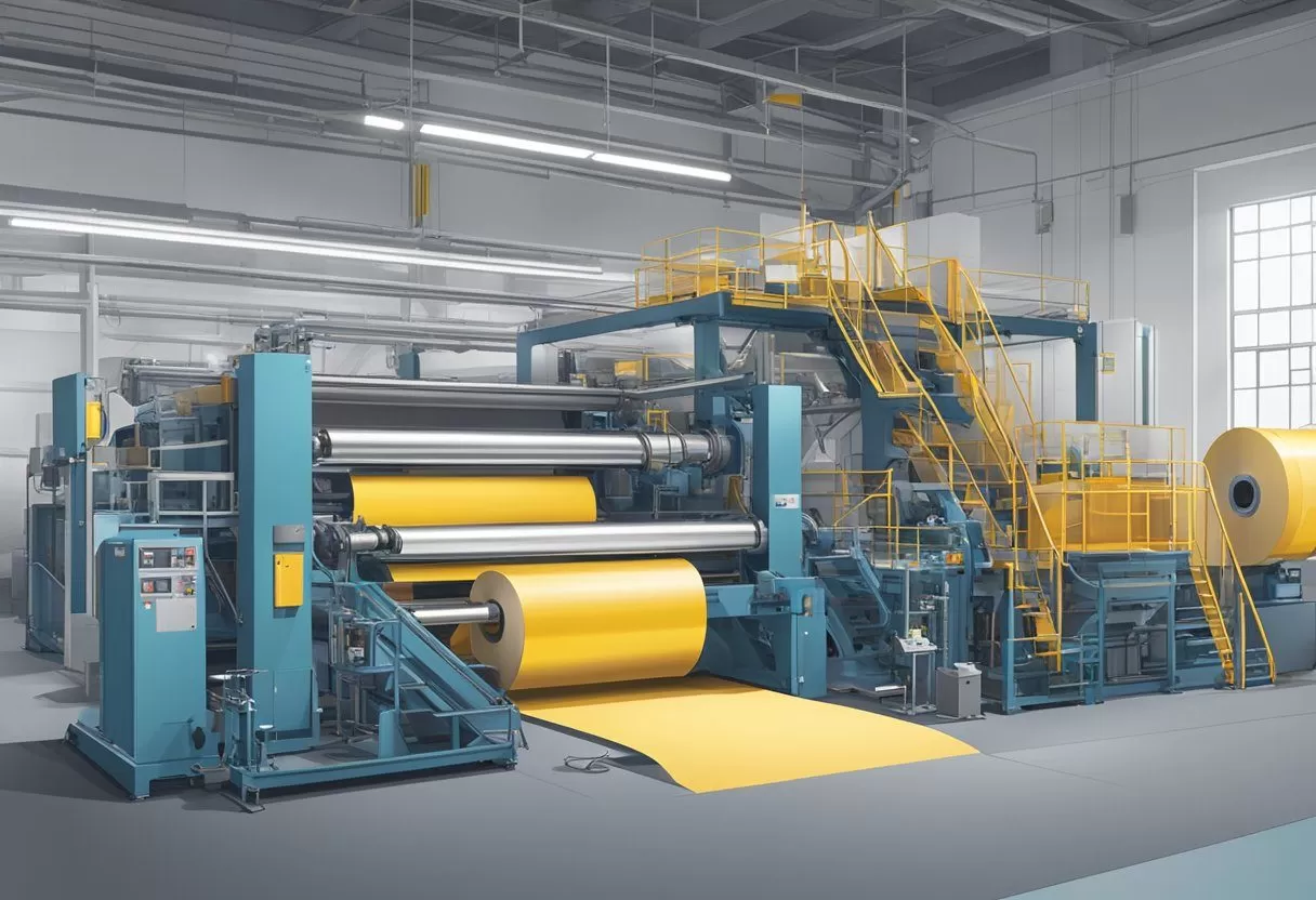 Machines unwind and cut washi tape jumbo roll in a large manufacturing facility Machines unwind and cut washi tape jumbo roll in a large manufacturing facility