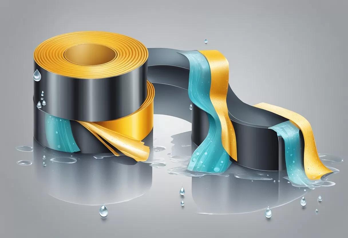 Butyl tape applied over a leaking pipe, sealing the gap. Water droplets visible on the tape Butyl tape applied over a leaking pipe, sealing the gap. Water droplets visible on the tape