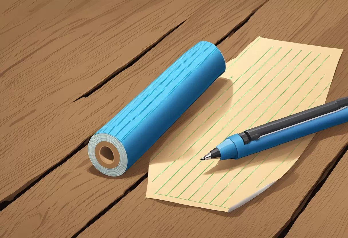 A roll of kraft tape with a writable surface, sitting on a wooden table with a pen nearby A roll of kraft tape with a writable surface, sitting on a wooden table with a pen nearby