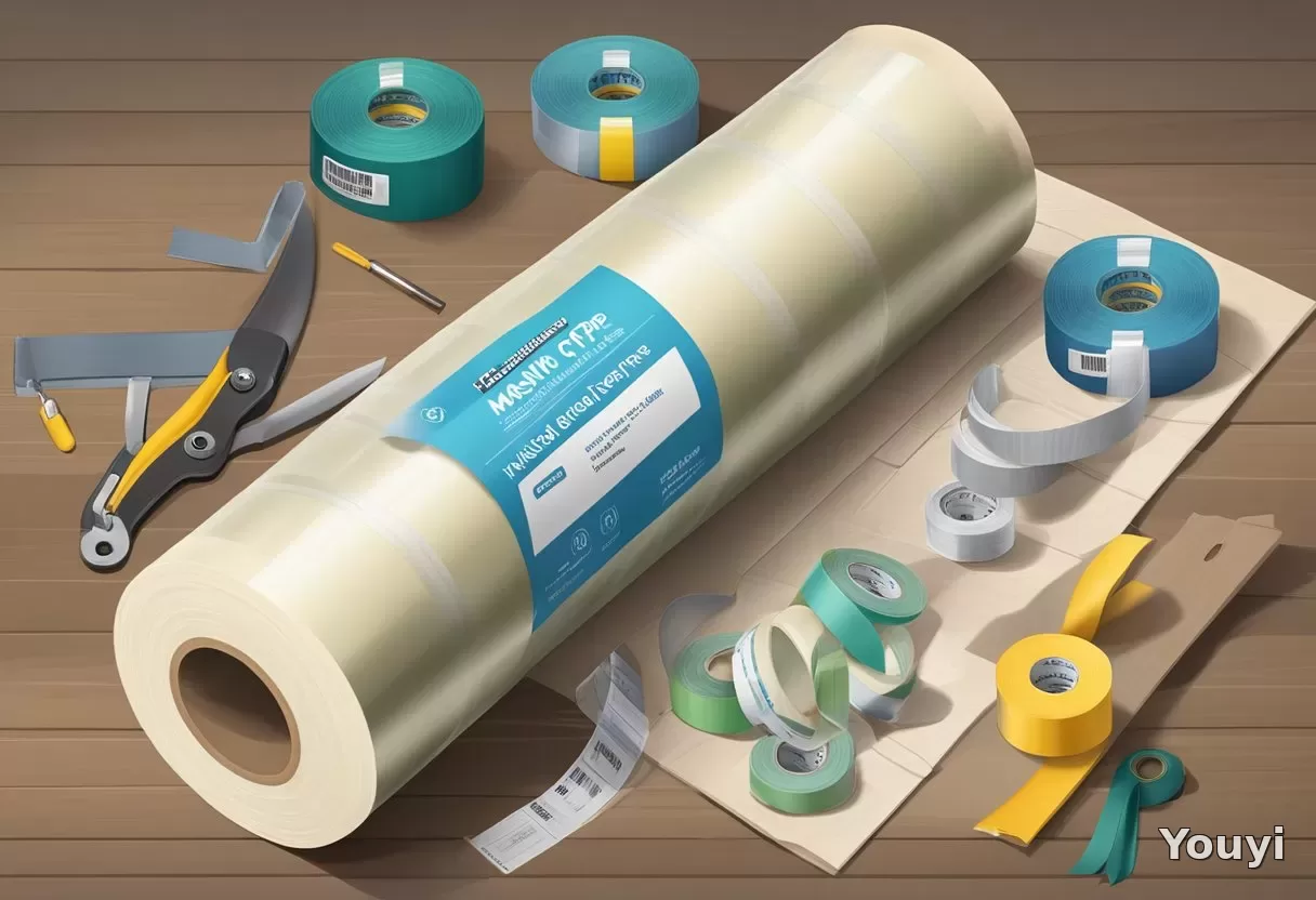 A jumbo roll of masking tape sits on a cluttered workbench. The tape is unwound, with loose ends curling up. The label on the roll is prominently displayed A jumbo roll of masking tape sits on a cluttered workbench. The tape is unwound, with loose ends curling up. The label on the roll is prominently displayed