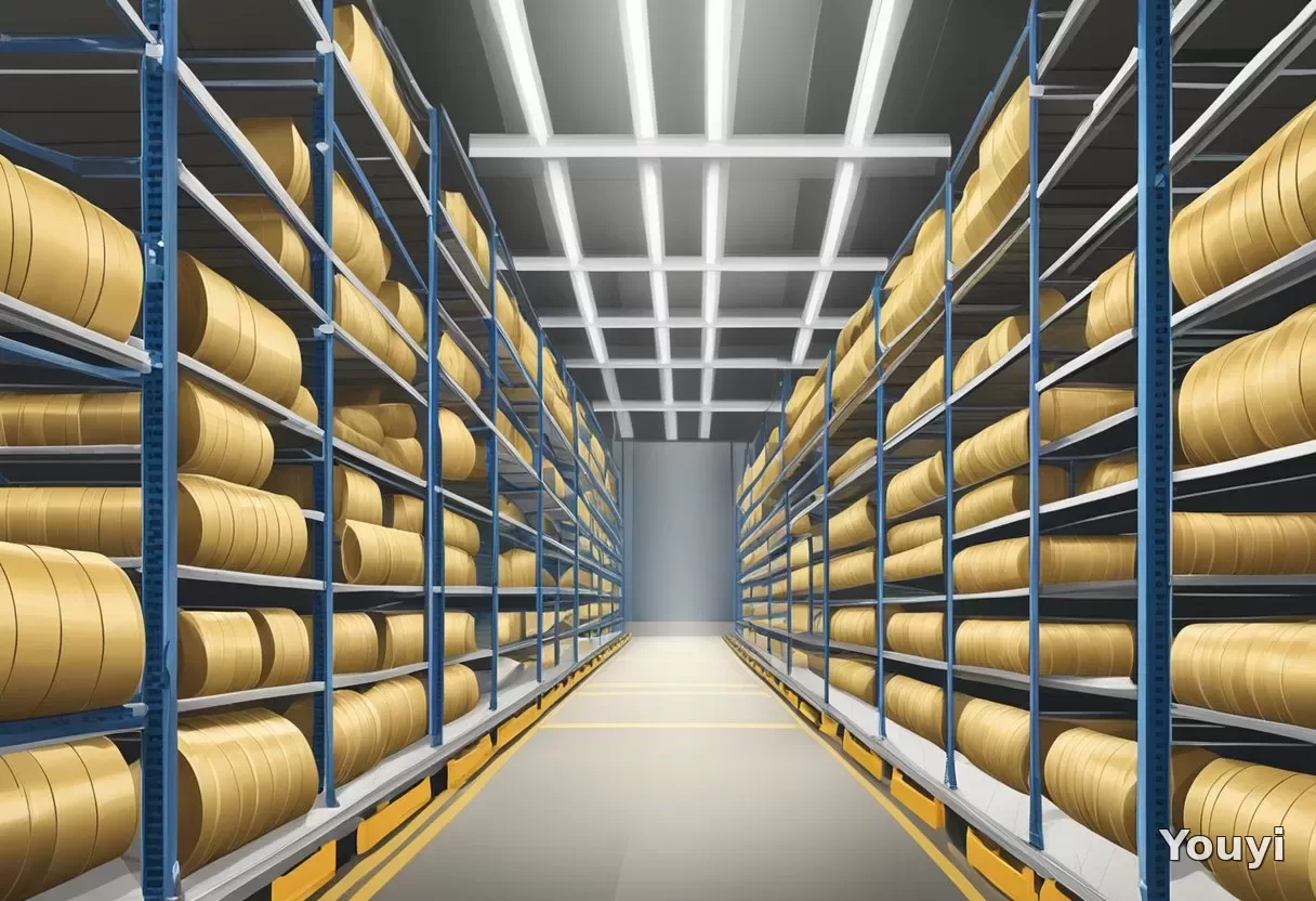 A warehouse shelf filled with rows of towering masking tape jumbo rolls A warehouse shelf filled with rows of towering masking tape jumbo rolls