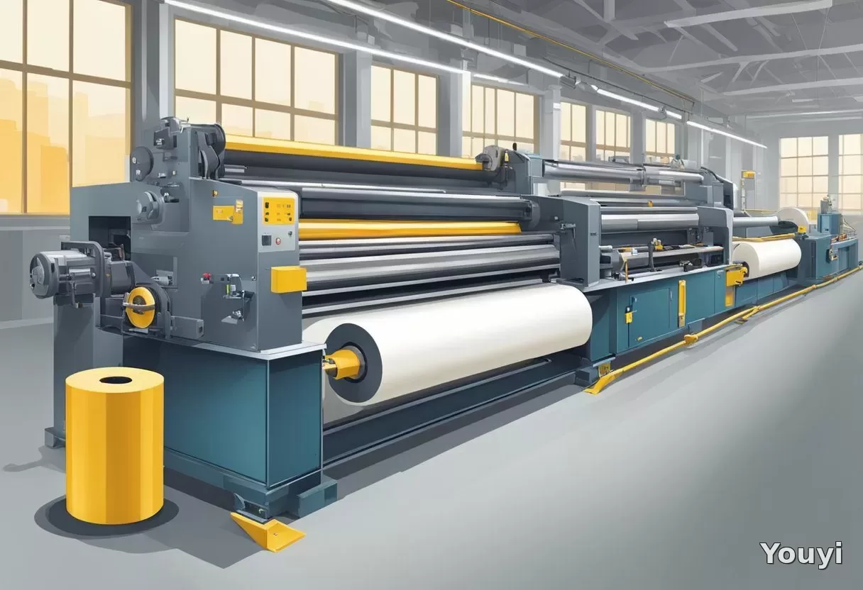 Large machines unwind and cut rolls of masking tape, then package them in a factory setting Large machines unwind and cut rolls of masking tape, then package them in a factory setting