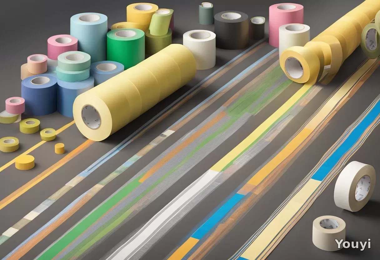 A jumbo roll of masking tape sits on a table, surrounded by various types of masking tape in different colors and widths A jumbo roll of masking tape sits on a table, surrounded by various types of masking tape in different colors and widths