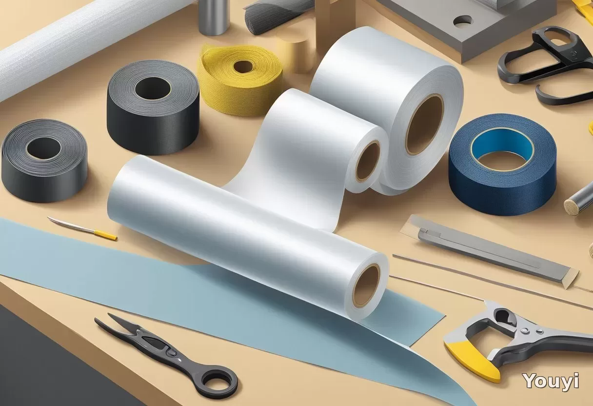A roll of mono weave fiberglass tape unravels on a workbench, surrounded by tools and materials A roll of mono weave fiberglass tape unravels on a workbench, surrounded by tools and materials